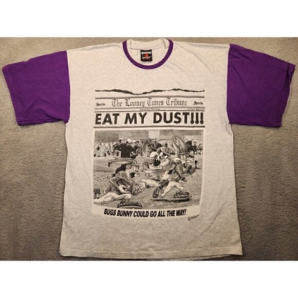 Vintage 1995 Looney Tunes Tribune Football Single Stitch Adult XL Grey T-Shirt - Picture 2 of 15